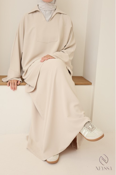 Ensemble modeste tunique + jupe marron, tissu crêpe opaque