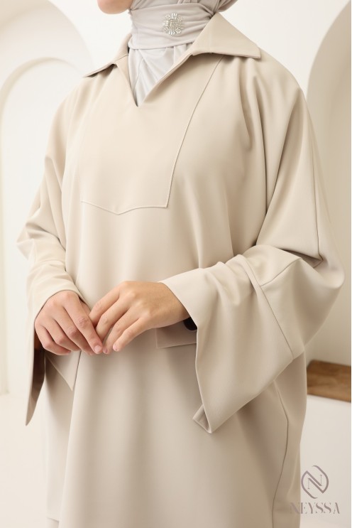 Ensemble modeste tunique + jupe marron, tissu crêpe opaque