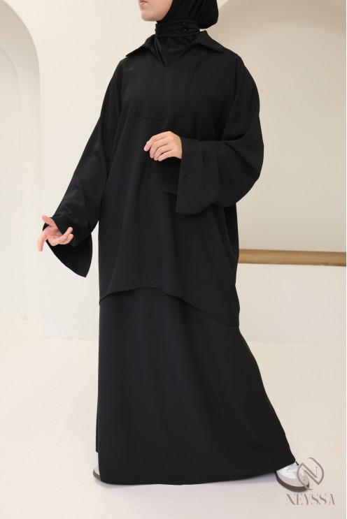 Ensemble noir blouse et jupe ample taille élastique, tissu crêpe