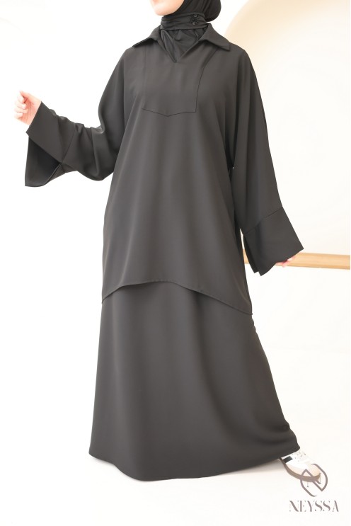 Ensemble noir blouse et jupe ample taille élastique, tissu crêpe