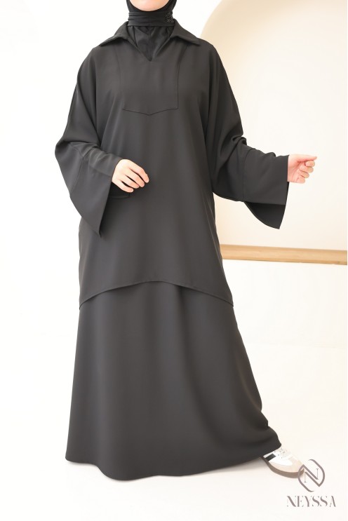 Ensemble noir blouse et jupe ample taille élastique, tissu crêpe