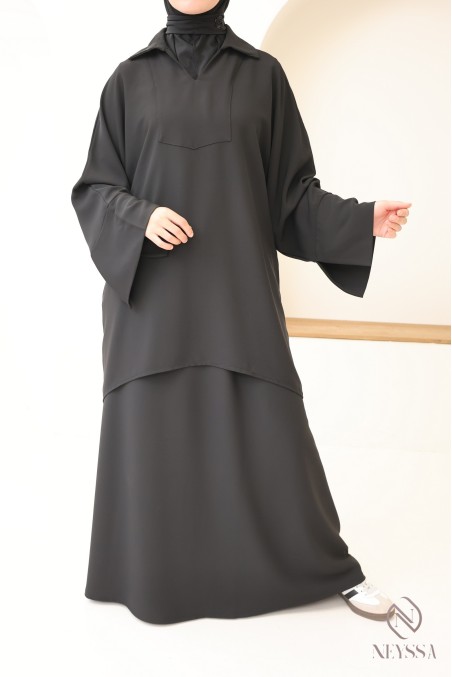 Black blouse and loose skirt set with elastic waistband, crepe fabric