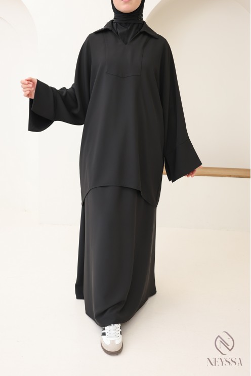 Black blouse and loose skirt set with elastic waistband, crepe fabric