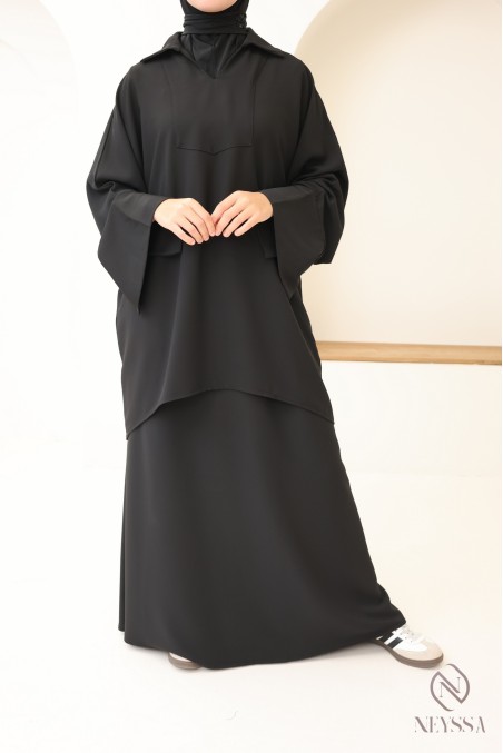 Black blouse and loose skirt set with elastic waistband, crepe fabric