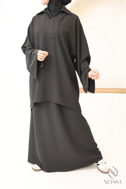 Ensemble noir blouse et jupe ample taille élastique, tissu crêpe