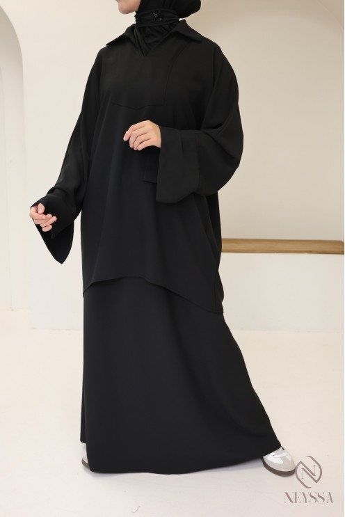 Ensemble noir blouse et jupe ample taille élastique, tissu crêpe