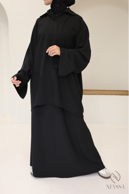 Ensemble noir blouse et jupe ample taille élastique, tissu crêpe