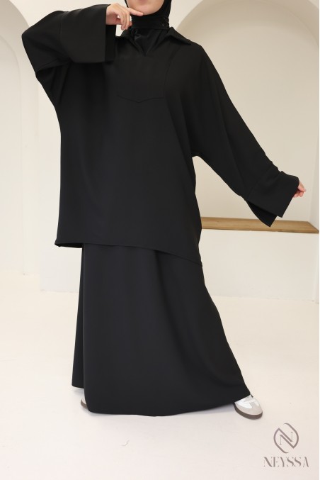 Ensemble noir blouse et jupe ample taille élastique, tissu crêpe