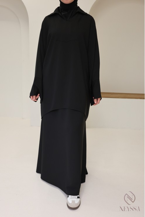 Black blouse and loose skirt set with elastic waistband, crepe fabric