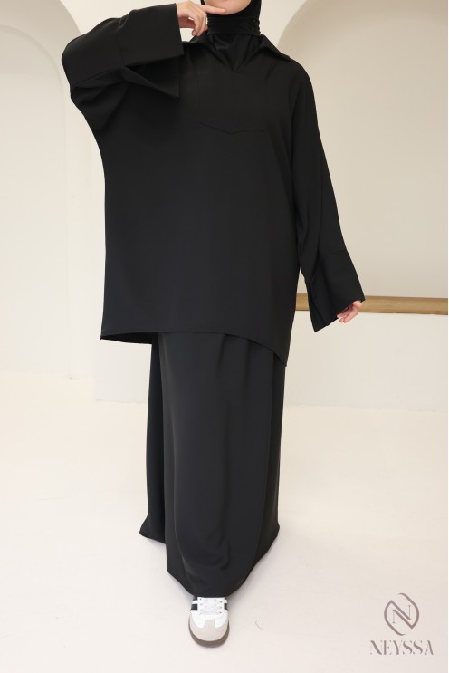 Ensemble noir blouse et jupe ample taille élastique, tissu crêpe