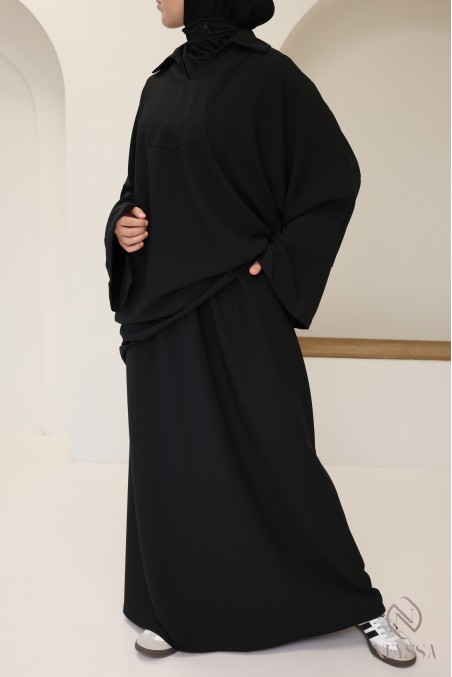 Ensemble noir blouse et jupe ample taille élastique, tissu crêpe