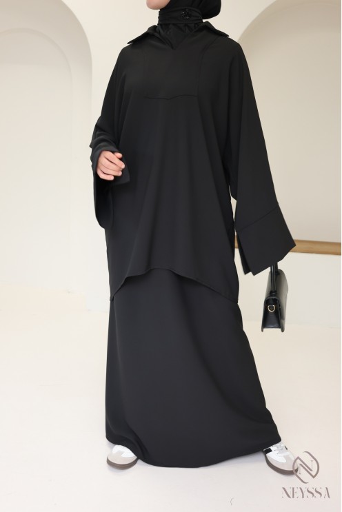 Ensemble noir blouse et jupe ample taille élastique, tissu crêpe