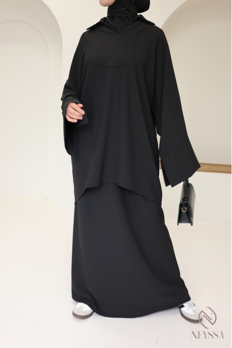 Ensemble noir blouse et jupe ample taille élastique, tissu crêpe