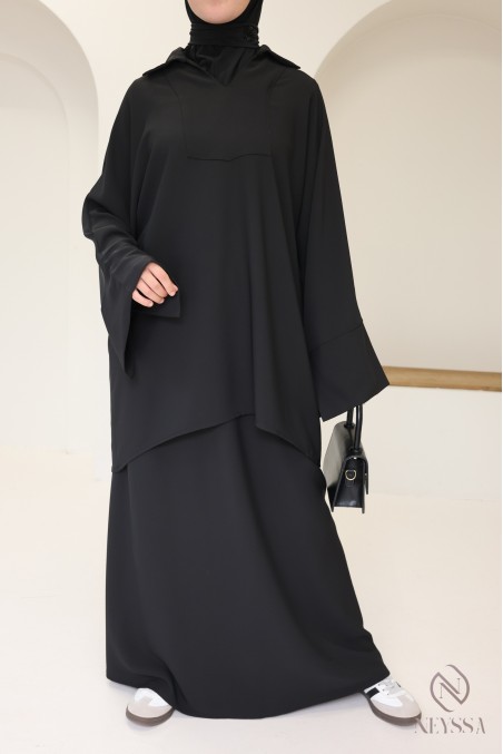 Ensemble noir blouse et jupe ample taille élastique, tissu crêpe