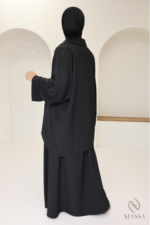 Ensemble noir blouse et jupe ample taille élastique, tissu crêpe