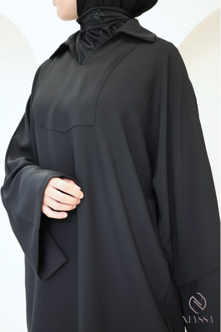 Black blouse and loose skirt set with elastic waistband, crepe fabric