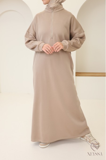 Robe longue sweat col zippé, style sportswear, pour automne/hiver