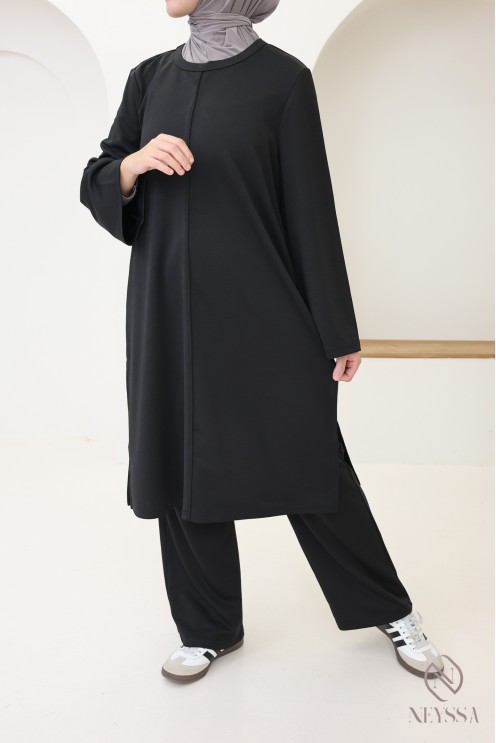 2-teiliges Damen-Set, lange Tunika mit Schlitzen + Hose