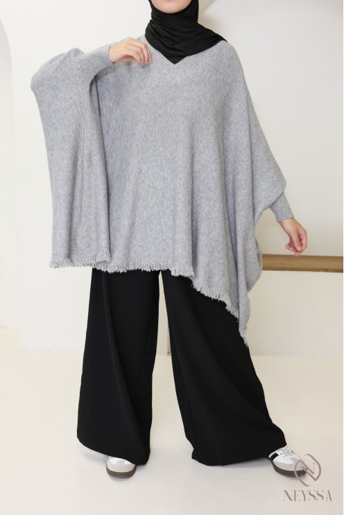 V-neck fringed knit sweater, extra loose butterfly cut