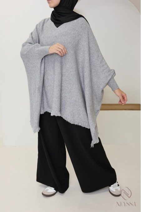 V-neck fringed knit sweater, extra loose butterfly cut