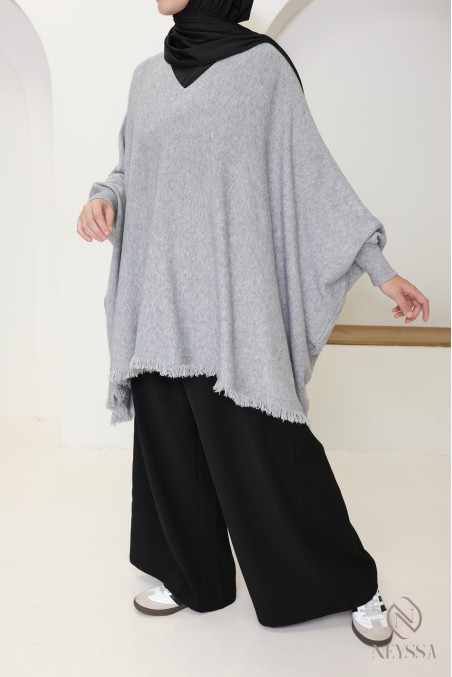 V-neck fringed knit sweater, extra loose butterfly cut