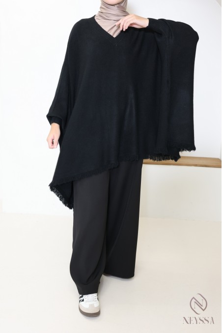 V-neck fringed knit sweater, extra loose butterfly cut