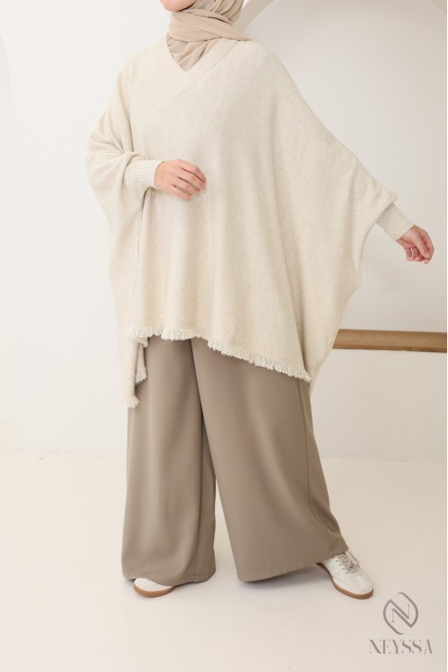 V-neck fringed knit sweater, extra loose butterfly cut