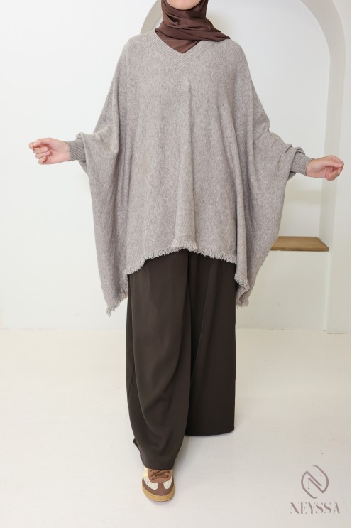 V-neck fringed knit sweater, extra loose butterfly cut