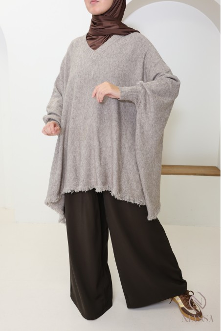 V-neck fringed knit sweater, extra loose butterfly cut