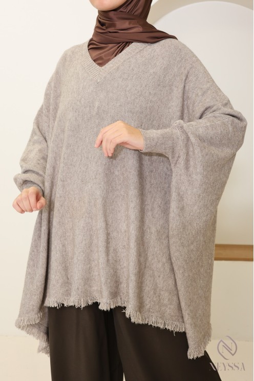 V-neck fringed knit sweater, extra loose butterfly cut