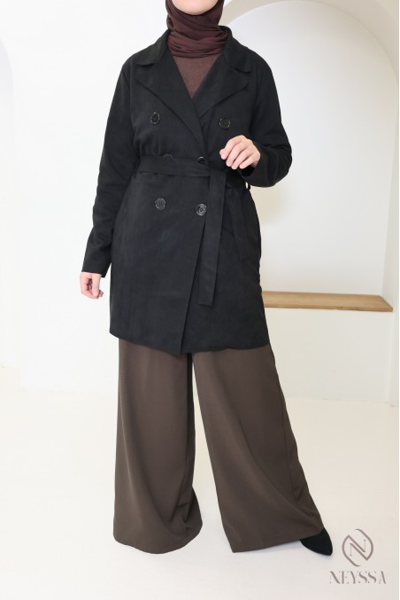 trench mi long daim noir femme, pour la mi saison, coupe vent