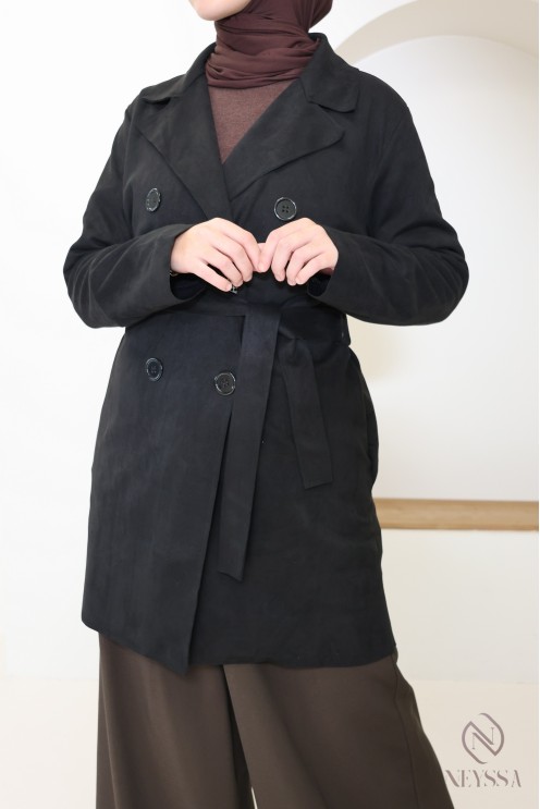 trench mi long daim noir femme, pour la mi saison, coupe vent