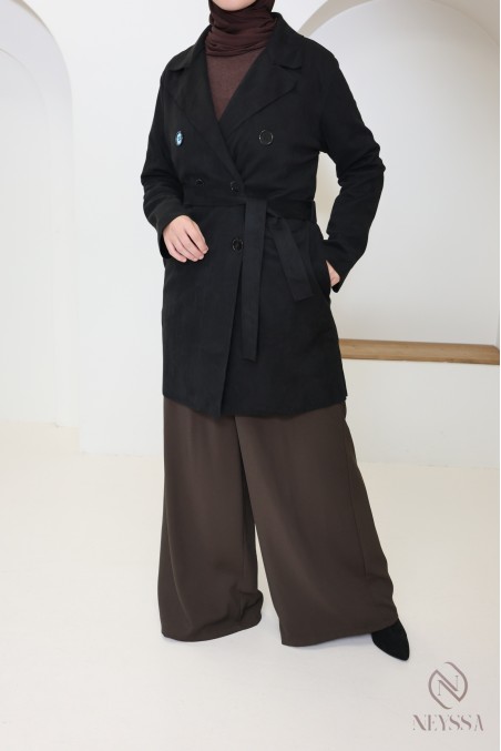 trench mi long daim noir femme, pour la mi saison, coupe vent