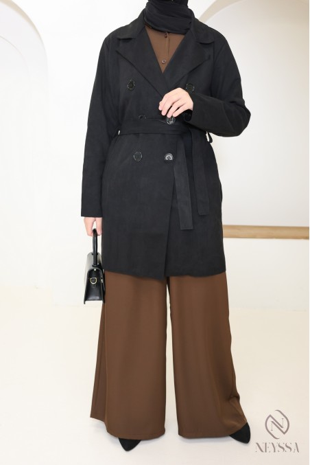 trench mi long daim noir femme, pour la mi saison, coupe vent