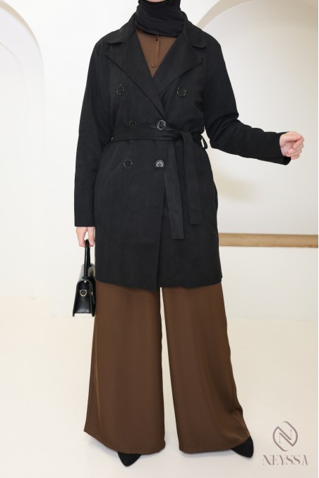 trench mi long daim noir femme, pour la mi saison, coupe vent