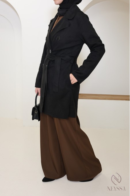 trench mi long daim noir femme, pour la mi saison, coupe vent