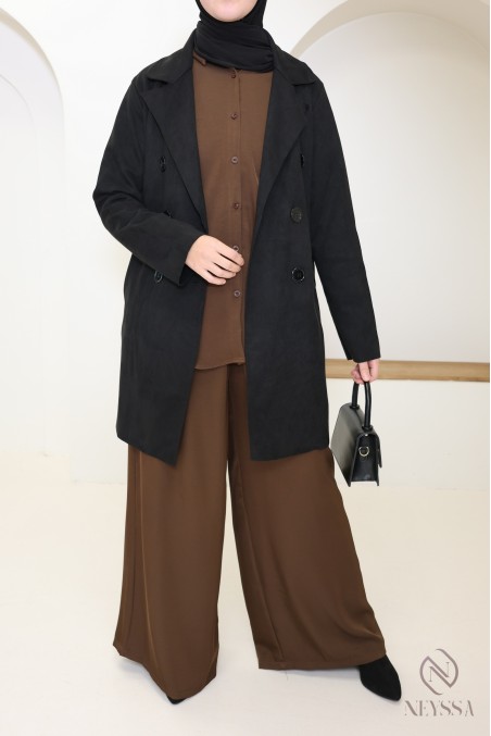 trench mi long daim noir femme, pour la mi saison, coupe vent