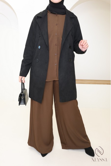 trench mi long daim noir femme, pour la mi saison, coupe vent