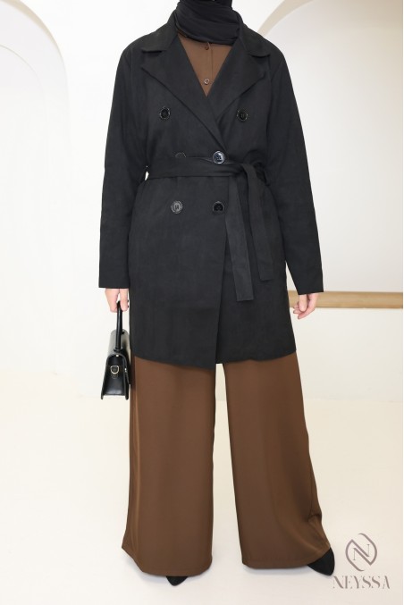 trench mi long daim noir femme, pour la mi saison, coupe vent