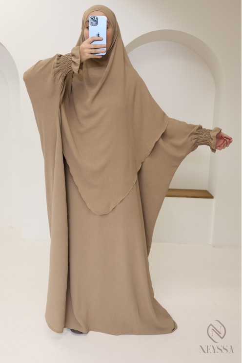Ensemble abaya et khimar 2 voiles assorti en Jazz, tenue légiférée pour la femme musulmane