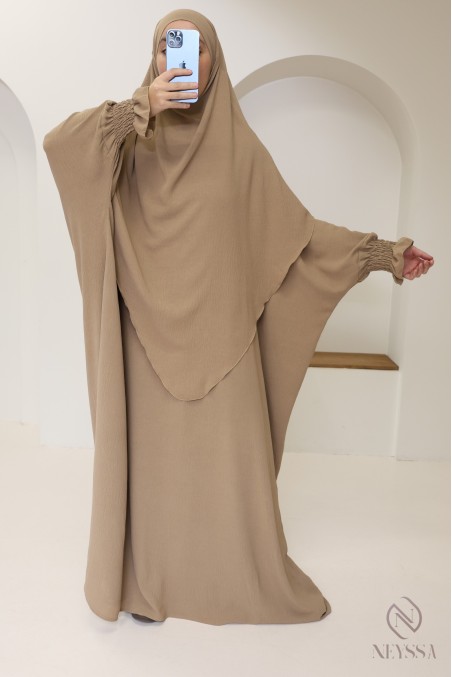 Ensemble abaya et khimar 2 voiles assorti en Jazz, tenue légiférée pour la femme musulmane