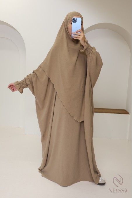 Ensemble abaya et khimar 2 voiles assorti en Jazz, tenue légiférée pour la femme musulmane