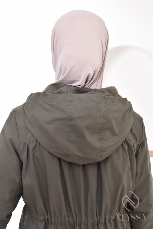 langer khakifarbener Damenparka mit integrierter Kapuze, Übergangsjacke