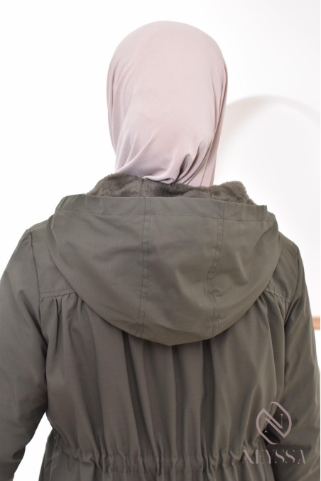 long khaki parka with integrated hood, mid-season jacket