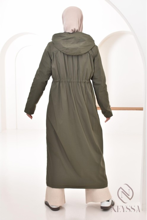 long khaki parka with integrated hood, mid-season jacket