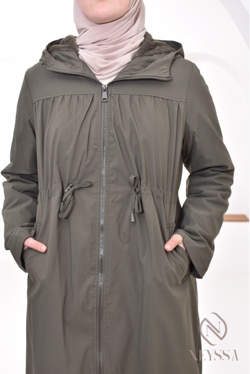 langer khakifarbener Damenparka mit integrierter Kapuze, Übergangsjacke