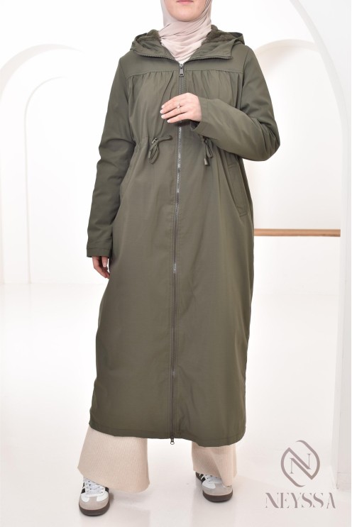 langer khakifarbener Damenparka mit integrierter Kapuze, Übergangsjacke