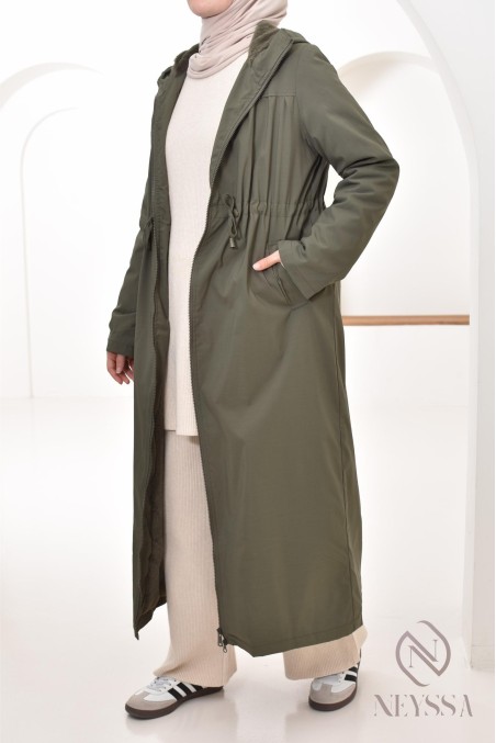 long khaki parka with integrated hood, mid-season jacket