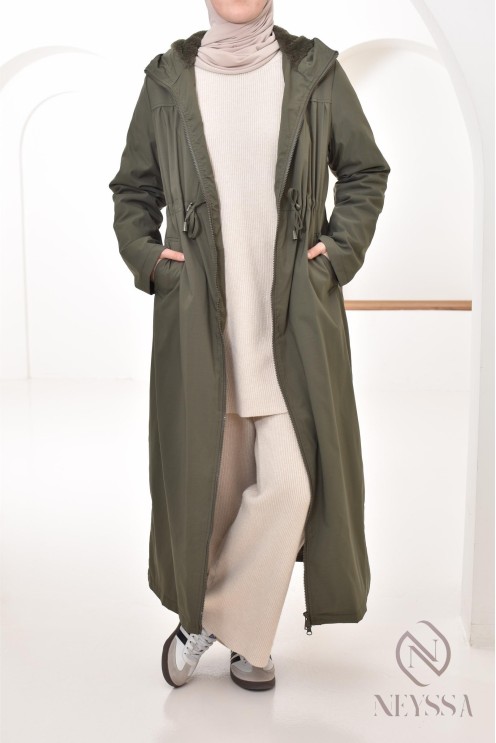 long khaki parka with integrated hood, mid-season jacket