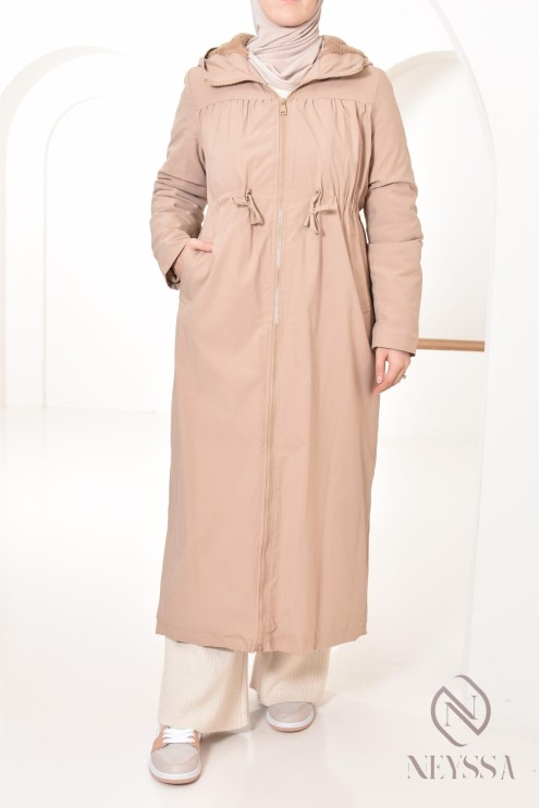parka longue femme doublée de fourrure avec capuche, hijabi look